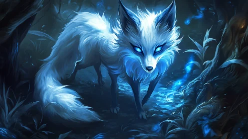 Moonlit spirit fox prowls through a bioluminescent forest.