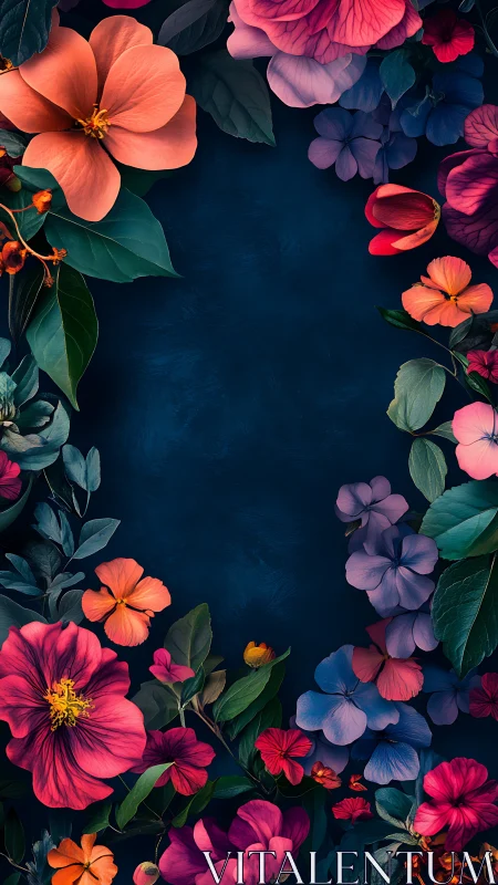 Vibrant Floral Frame Against Deep Blue Background.