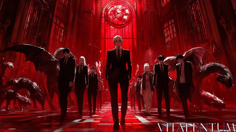 Crimson cathedral march of suited demon hunters in red light.