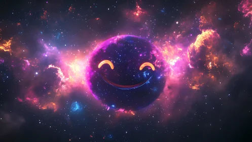Smiling cosmic planet glows with neon joy in vibrant nebula