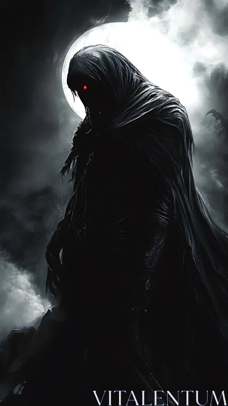 Hooded dark figure stands before full moon in heavy fog