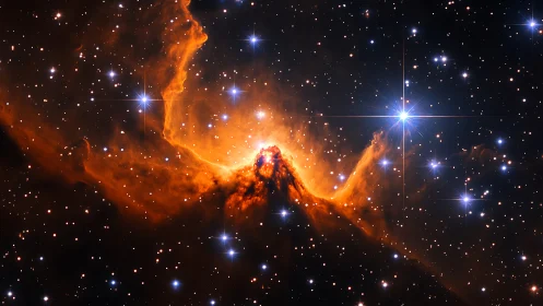 Star-forming nebula glows against dense starfield in space