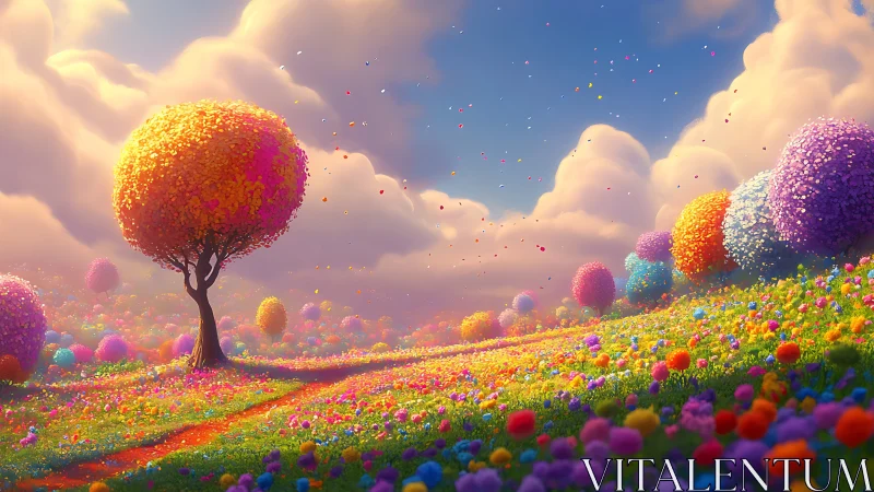Dreamy rainbow meadow invites a gentle, colorful wander