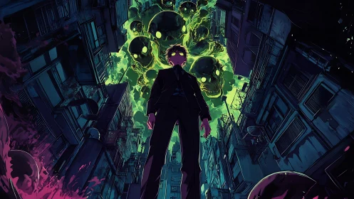 Neon-tinged urban alley frames suited figure and spectral swarm