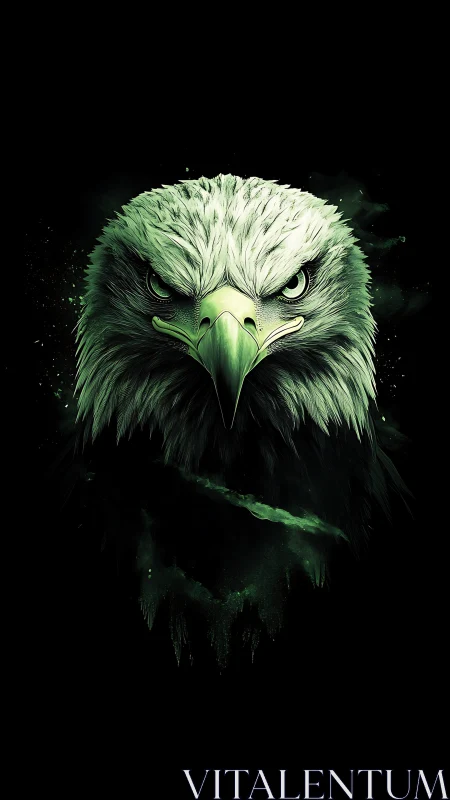 Emerald eagle portrait glows against deep black void.