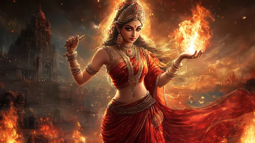 Fire goddess in blazing temple ruin, red silk flowing flame.