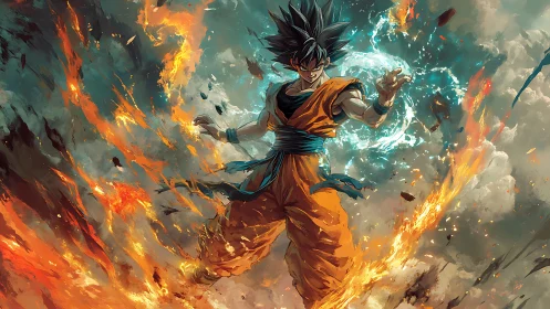 Storm-forged anime warrior commands fire and swirling energy.