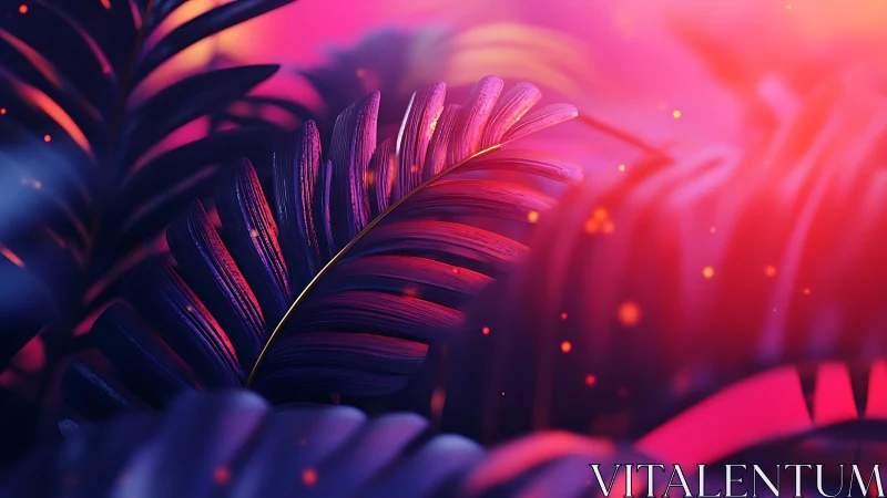 Neon tropical leaves glow under vibrant magenta sunset light