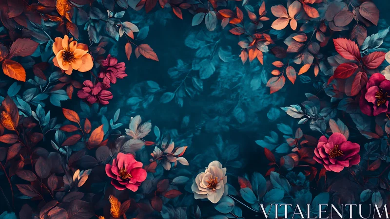 Floral arrangement with contrasting warm and cool tones.