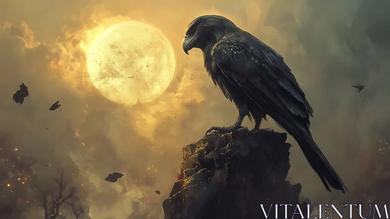 Solitary black bird occupies rocky perch under full moon