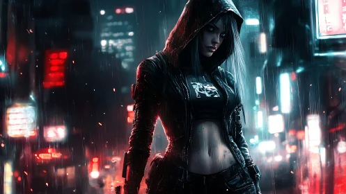 Cyberpunk hooded heroine strides through neon rainstorm night.
