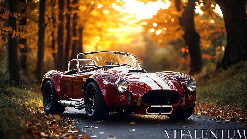 Sunlit classic red roadster rests on a peaceful autumn lane