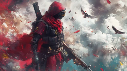Red-cloaked sky wanderer standing in swirling storm clouds.