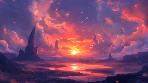 Vibrant alien sunset landscape in cinematic digital painting.