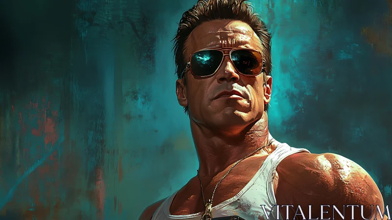 Muscular man in sunglasses against teal abstract backdrop.