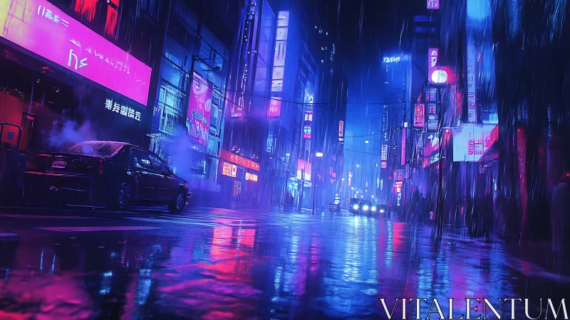 Neon rain polishes a cyberpunk street into electric glass