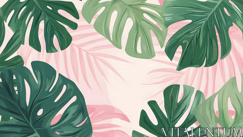 Tropical monstera foliage pattern on soft blush ground.
