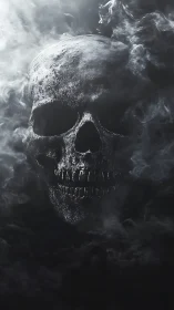 Smoke-wreathed skull quietly condenses from swirling midnight fog