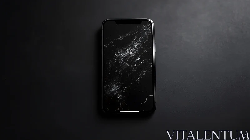Smartphone on dark matte surface with marble screen glow.