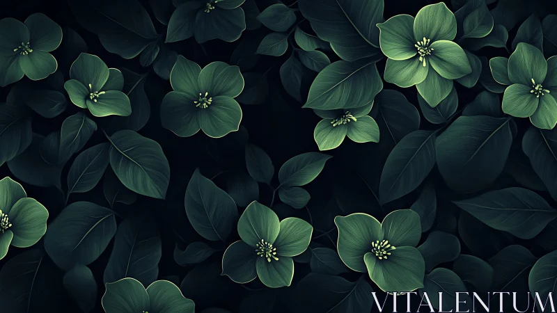 Green floral foliage pattern on dark botanical background.