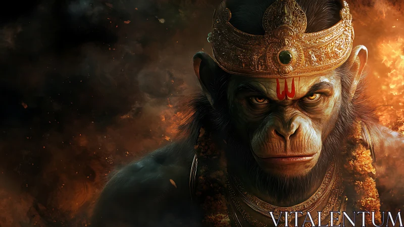 Mythic simian warrior figure in ornate golden regalia.