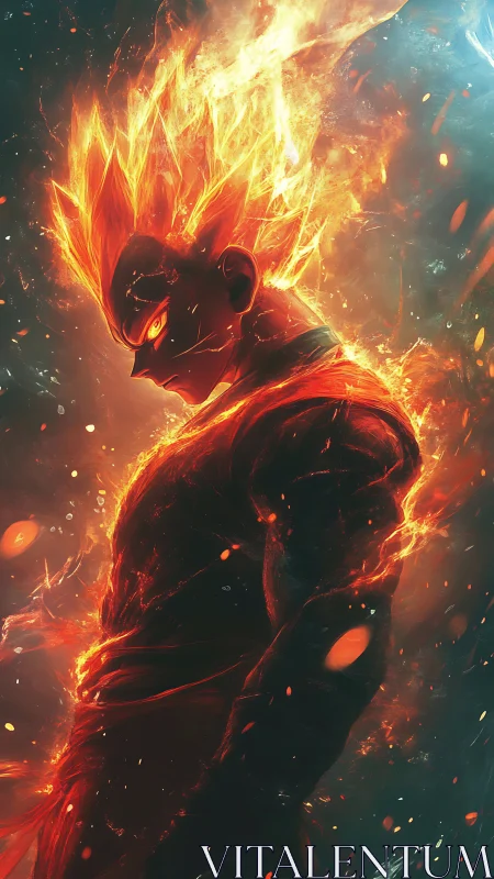 Flaming anime warrior ignites with intense elemental power.