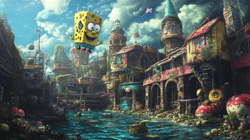 Sponge-like cartoon character floats above decayed riverside town