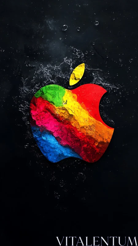 Colorful liquid apple logo on dark textured background.