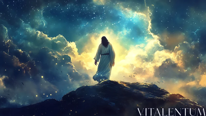 Figure in white robe on glowing cliff beneath starry sky.