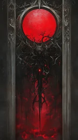 Blood-red eclipse over occult spiked gate portal.