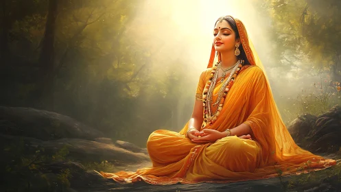 Woman in traditional attire meditating in sunlit forest.