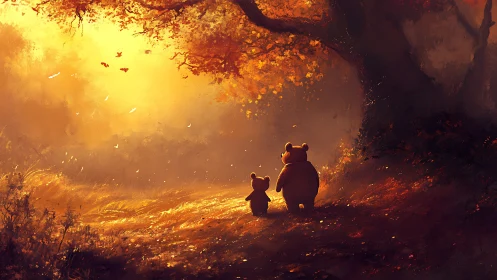 Autumn forest bears walk under glowing golden canopy