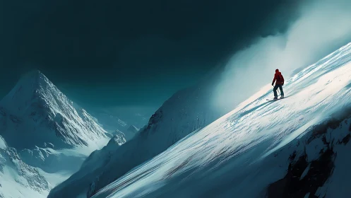 Solitary red skier tracing silence on a moody alpine wall.