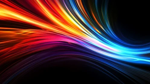 Sweeping neon light trails across deep black void space.