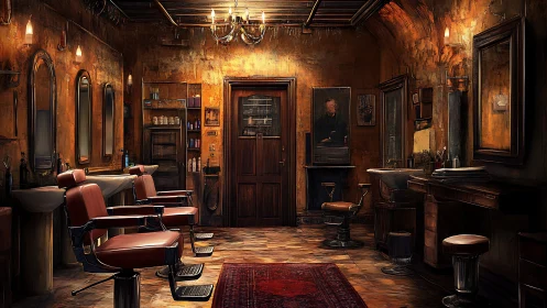 Warm-toned vintage barbershop interior shows worn wood and metal surfaces