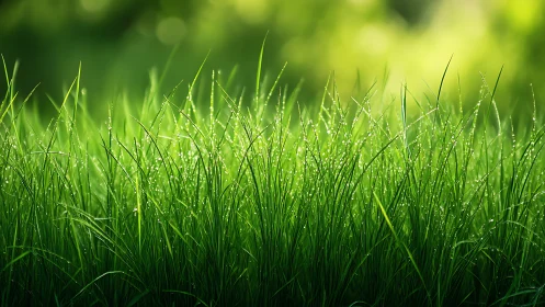 Backlit dew-covered grass blades in soft morning bokeh.