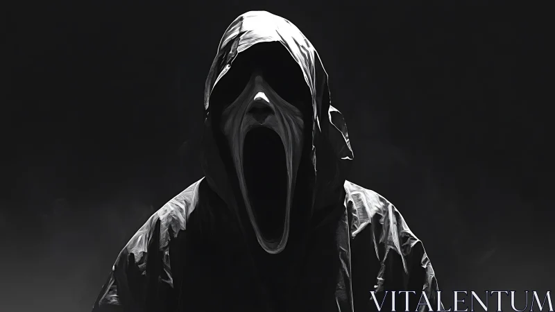 Hooded spectral figure rendered in high contrast monochrome chiaroscuro