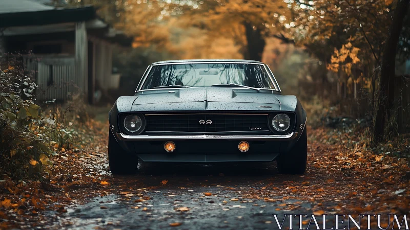 Rain-kissed muscle car idles in a golden autumn alleyway.