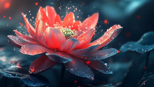 Red Lotus Bloom with Water Droplets Against Dark Blue