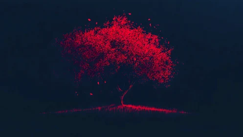 Crimson whispers bloom as a lone tree ignites the night