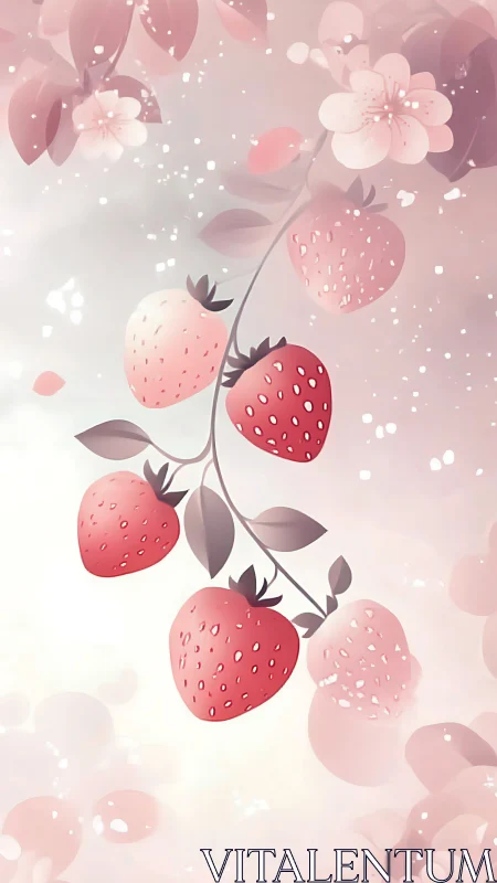 Vertical strawberry branch rendered in soft pastel digital style