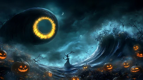 Halloween waves, crescent moon, cloaked figure, glowing eye.