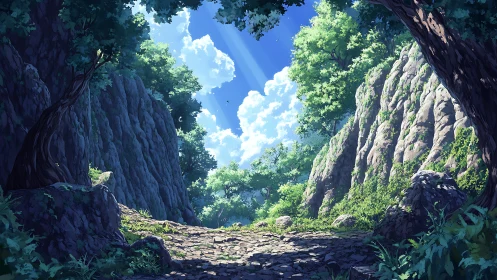 Sunlit Canyon Valley: Volumetric Lighting Through Limestone Gorge Architecture.