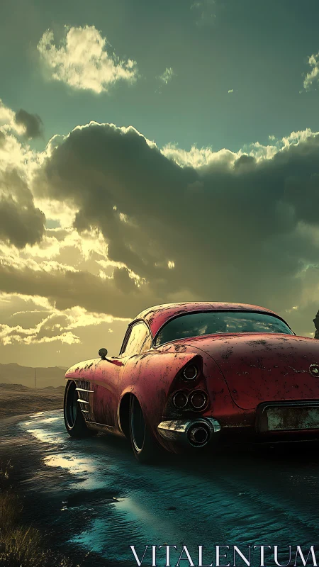 Weathered red classic coupe stands on wet rural roadway