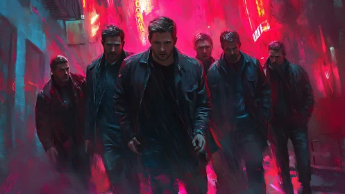 Cloned street enforcers advance through neon alley haze