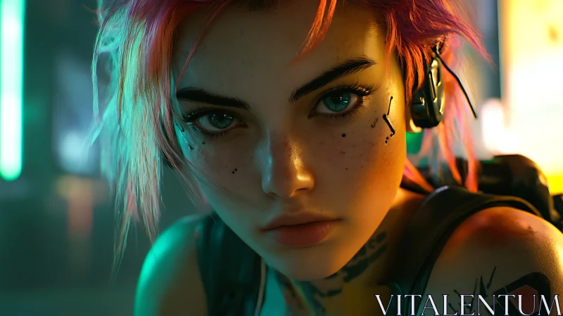 Cyberpunk heroine stares ahead in neon haze and quiet resolve