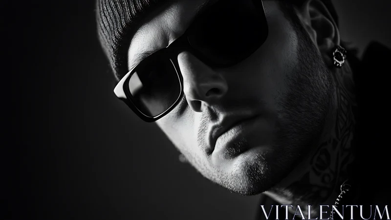 Monochrome close-up portrait isolates urban streetwear attitude