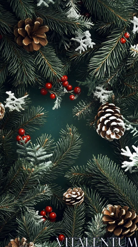Snow-dusted evergreen branches with pinecones and berries.