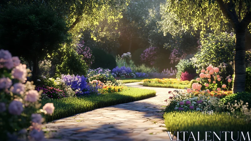 Sunlit garden path wandering through luminous flower clouds.