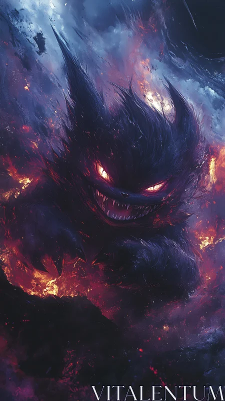 Demonic spectral creature emerges through apocalyptic inferno